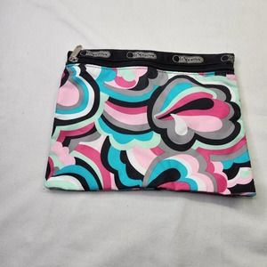 Lesportsac Cosmetic Pouch Bag Zipper Closure Blue Pink Floral Patern Makeup